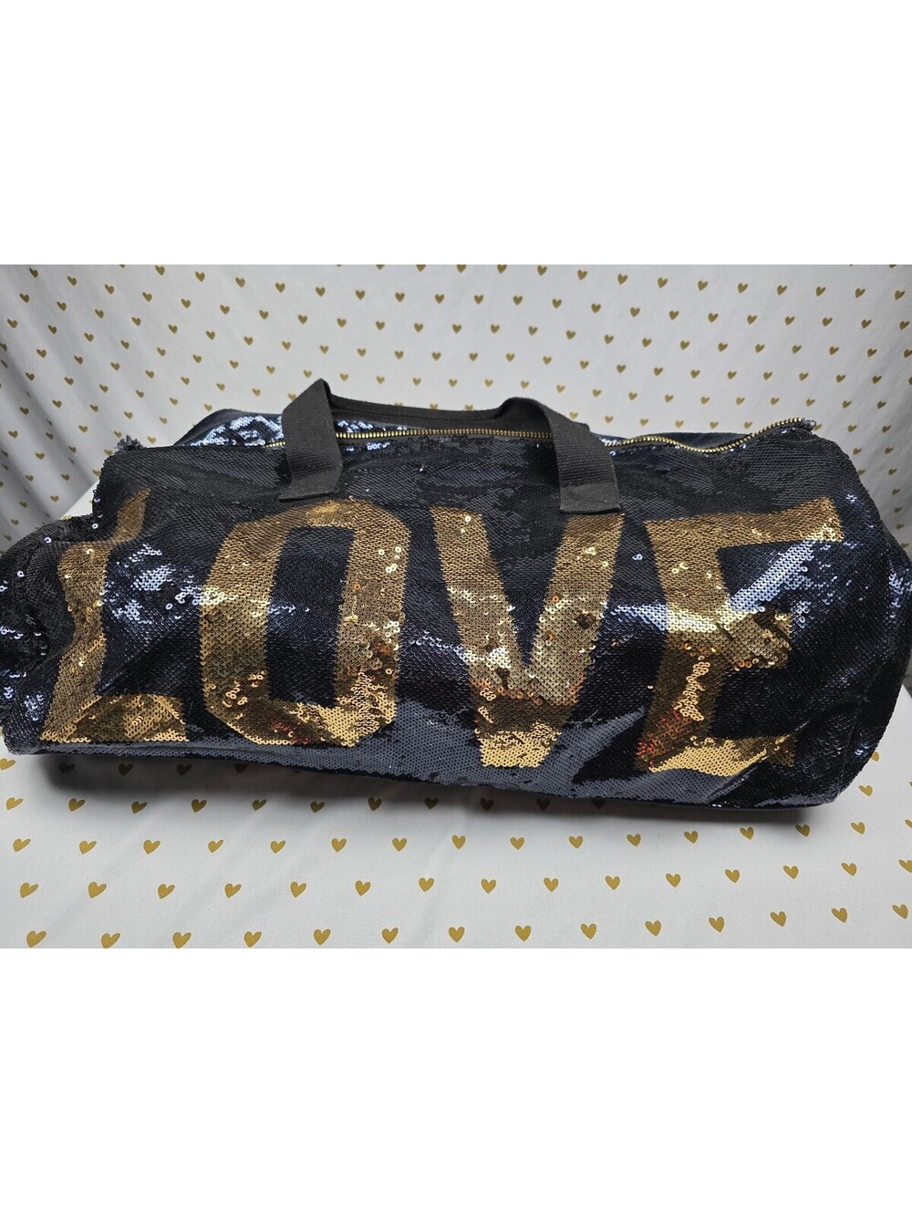 Victoria's Secret PINK LOVE Sequin Duffle Bag Black Gold BLING Rare Y2K